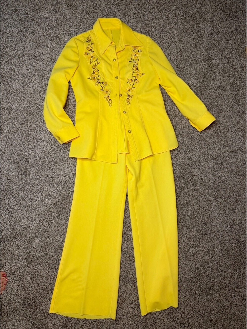 Vintage 1970s Yellow Embroidered Two-Piece Pantsuit